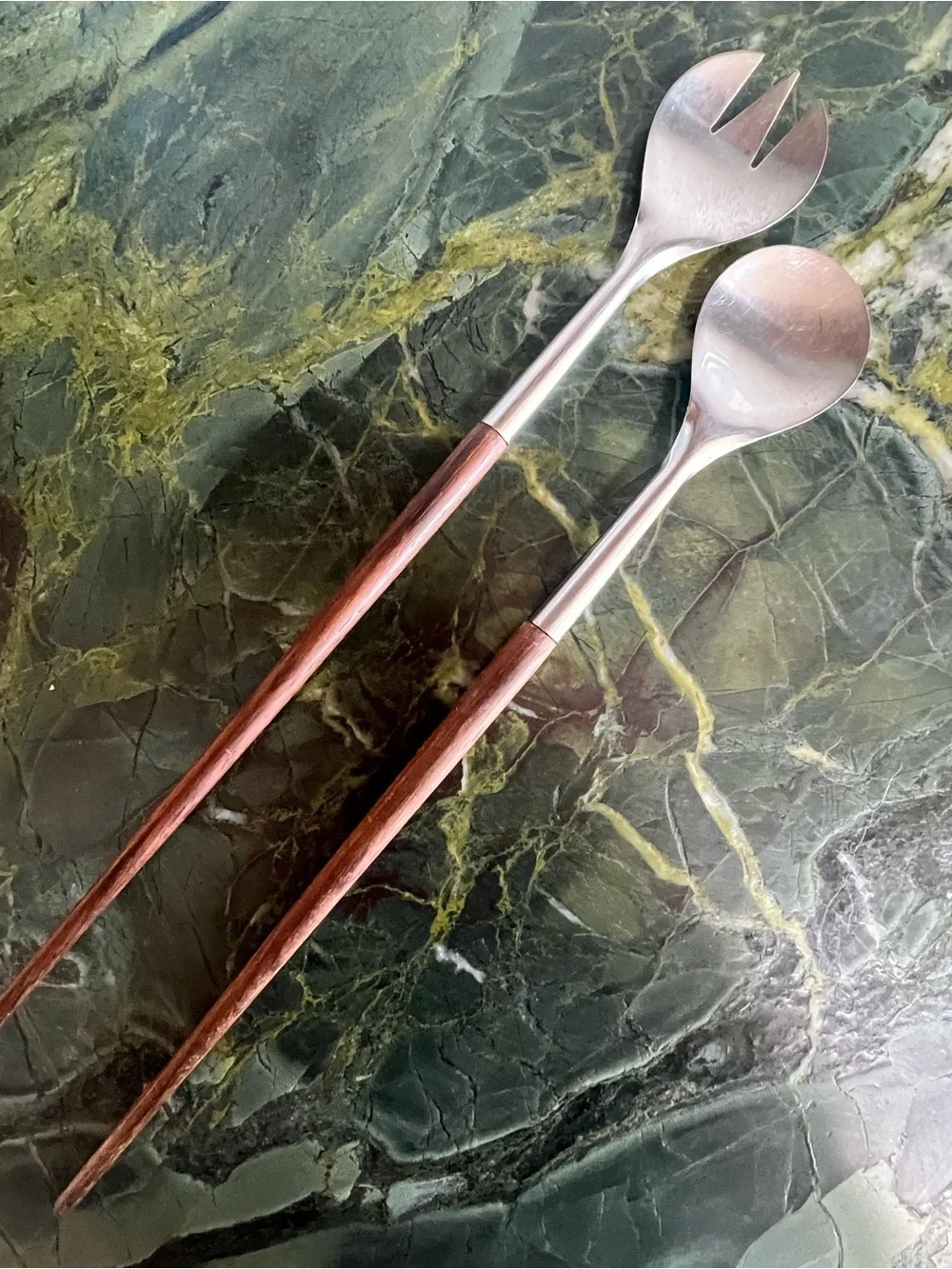 Vintage MCM Wood-Handled Stainless Salad Serving Set